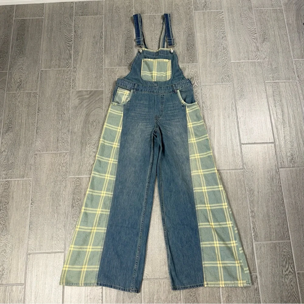 Aaron & Amber Bib Overalls Women’s Medium Blue Flare Plaid Denim Wide Leg
